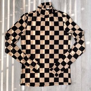 Beige and Black Checkered Long Sleeve Top